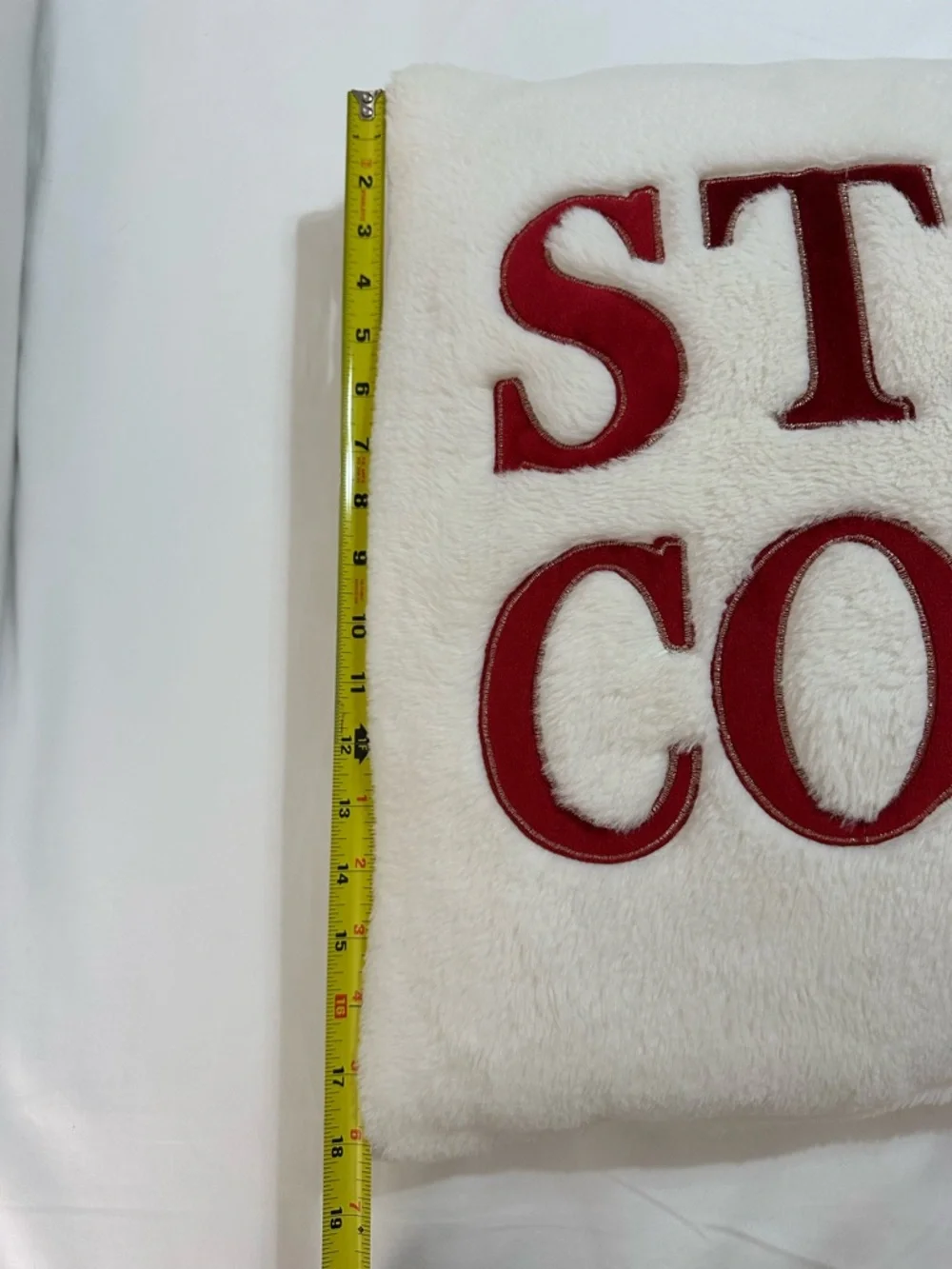 STAY COZY PLUSH THROW PILLOW CUSHION 18” WHITE FAUX FUR GOLD TRIM RED LETTER